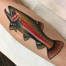 Finish up my rainbow trout tattoo this week. Rempetattoo On Instagram Super Fun Trout Done Here Flyingpanthertat Traditional Tattoo Black And Grey Traditional Panther Tattoo Traditional Black Tattoo