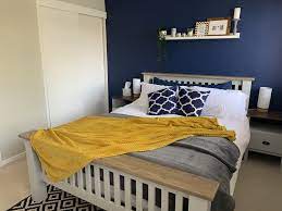 Grey Navy Mustard Bedroom Makeover Sapphire Salute Elegantmasterbedroomcolors Grey Bedroom Decor Yellow Grey Bedroom Decor Blue Master Bedroom
