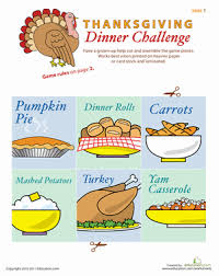For a dinner party it's always a good idea to have a few games ready to play: Play The Thanksgiving Dinner Table Challenge Worksheet Education Com