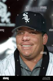 Newly aquired Chicago White Sox pitcher Bartolo Colon answers questions  during a news conference Monday, Jan. 20, 2003, in Chicago. (AP Photo/Brian  Kersey Stock Photo