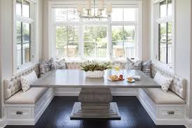 These products have got hardwood frames with a white, painted finish. U Shaped Breakfast Nook With Gray Rectangular Dining Table Transitional Dining Room