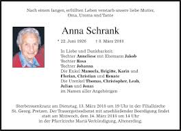 Traueranzeigen von Anna Schrank