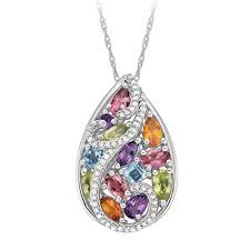 Multi Gemstone And 1 6 Ct Tw Diamond Teardrop Fashion Pendant In Sterling Silver In 2020 Fashion Jewelry Necklaces Gemstones Custom Ring Designs