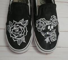 Black And White Custom Vans Slip Ons Custom Hand Painted Rose And Skull Tattoo Style Vans Slip Ons Please Note I Have Size 8 5 Listed But I Ca Vans Slip On Shoes Custom Painted Shoes Black Vans