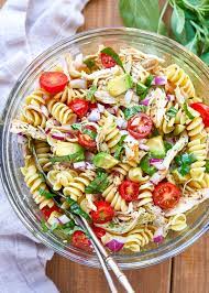 Healthy Chicken Pasta Salad With Avocado Tomato And Basil Healthy Chicken Pasta Healthy Pastas Spring Salad Recipes