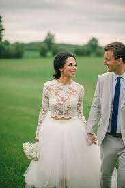 Its lined on the front with skin color liner, crop top with full length sleeves, closes with invisible zipper on the side. Pops Of Pretty Two Piece Wedding Dress Boho Bridal Gowns Wedding Dress Two Piece