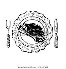 Dinner With Steak Vintage Black And White Ink Drawing Vector Illustration With Plate Knife Fork And Grilled Piece Of Meat Co White Ink Ink Drawing Drawings