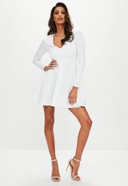 White V Neck Skater Dress With Long Sleeves In A Skater Shape Dresses Long Sleeve Skater Dress Womens Dresses