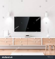 Smart Tv Mockup With Black Screen Hanging On The White Wall In Modern Living Room 3d Renderingblack Screen Hanging Modern Living Room White Walls Black Screen