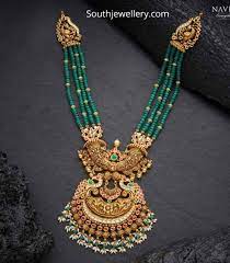 Emerald Beads Necklace With Peacock Nakshi Pendant Photo Beaded Necklace Designs Gold Pendant Jewelry Gold Jewelry Fashion