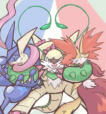 gardear058, chesnaught, delphox, greninja, creatures (company), game freak,  nintendo, pokemon, highres, blue skin, bow, brown eyes, claws, colored  skin, furry, gen 6 pokemon, hug, one eye closed, open mouth, orange fur,  plant,