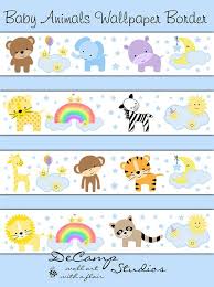 Baby Jungle Zoo And Woodland Animals Wallpaper Border Wall Decals With Playful Stars Moon Clouds An Baby Animal Nursery Nursery Art Decor Wallpaper Border
