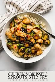 Made with baby carrots, green onions, red bell pepper and brussel sprouts and added dried thyme to both the veggies and chicken thighs. Chicken And Brussels Sprouts Stir Fry 25 Minutes Only Joyous Apron