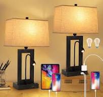 Vintage Table Lamps with USB Charging Ports and AC Outlet Fully Dimmable  Modern Nightstand Light with Fabric Lampshade for Bedside Reading Living  Room