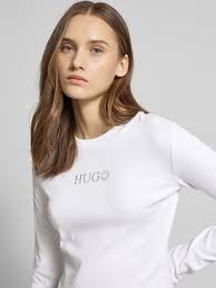 Hugo Blue Cropped Longsleeve mit Rundhalsausschnitt Modell 'Della' (weiss)  online kaufen