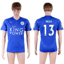 The shirt also has logo of brands sponsoring the kit and team shield. 2017 18 Leicester City 13 Musa Home Thailand Soccer Jersey
