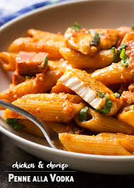 Drain pasta, reserving 1 cup pasta cooking liquid. Penne Alla Vodka With Chicken And Chorizo Just A Little Bit Of Bacon