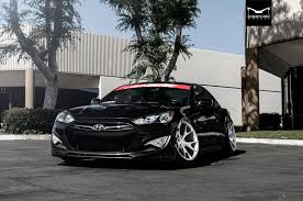 Hyundai genesis coupe with wide overfenders by. Stanced Out Black Hyundai Genesis Coupe Featuring Chrome Concept One Wheels Carid Com Gallery