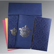 South indian weddings are culturally rich with traditional look and glamor. Blue Shimmery Damask Themed Foil Stamped Wedding Card Ain 1503 A2zweddingcards