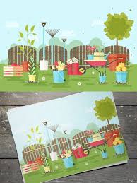 Illustration With Garden Tools Colorful Landscape Illustration Garden Tools