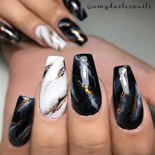 Black And White Marble Nails Short White And Black Marble Nail Design With Gold Detailing Beautiful Nails Sculpted And Painted Exclusive Marble Acrylic Nails Prom Nail Designs Gold Nail Designs