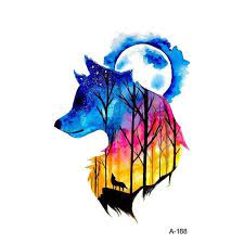 Wyuen New Design Wolf Forest Night Sky Fake Tattoo Waterproof Temporary Arm Tatoo Stickers For Women Men Body Art Ta Watercolor Wolf Animal Art Animal Drawings