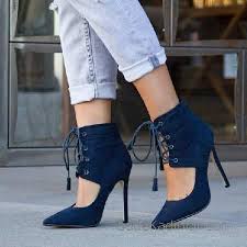 2018 Stiletto Ayakkabi Modelleri Lacivert Bilekten Gomlek Baglamali Stiletto Sivri Uclu Topuklar Bot