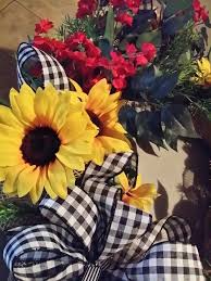 Black And White Fall Decor Hobby Lobby Summer Wreath Door Decor Sunflowers With Black And White Checked Ribbon From Hobby Lobby Door Decorations Summer Wreath Fall Decor