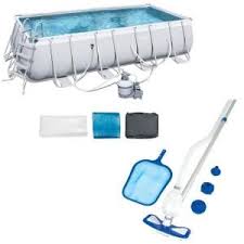 Bestway Bestway 18 Ft X 9 Ft Rectangular Frame Above Ground Pool Set Plus Cleaning Kit 56468e Bw 58234e Bw The Home Depot In Ground Pools Above Ground Pool Cleaning Kit