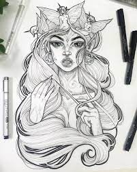 Cute Drawing Ideas Black And White Pencil Sketch Of A Woman With Long Wavy Hair Fairies In Her Hair Cool Drawings Drawings Draw On Photos