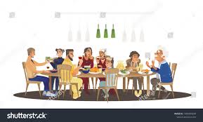 Big Family Dinner Around Table With Food Many People Eating A Meal And Talking Together Happy Cartoon Characters D In 2020 Big Family Dinner Big Family Happy Cartoon