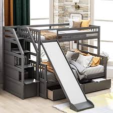 Panana triple sleepers metal bunk bed frame top 3ft single bottom 4ft6 double bed bedroom dorm apartment furniture for adults twins teenagers children (black) 3.5 out of 5 stars. Amazon Com Twin Over Full Bunk Bed With Slides For Kids And Teenagers Solid Wood Bunk Bed Frame With Drawers And Storage No Box Spring Needed Grey Kitchen Dining
