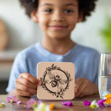 Incisione in legno di sottobicchiere con ape e fiore 3D