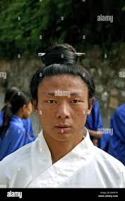 Professeur de Taichi avec cheveux épinglé avec un stylo, École des Arts  Martiaux de Wudang, nuage Violet Temple, Zi Xiao Gong, le Mont Wudang, W  Photo Stock