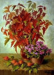 Painted flowers painting flower green leaves png and. Still Life With Autumn Leaves And Flower Painting By Arkady Zrazhevsky Artmajeur