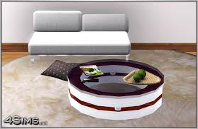 This living room features a metal framed, glass surface coffee table encompassing four cubic, brightly patterned ottomans. Round Glass Coffee Table For Sims 3 4sims