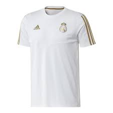 2019/2020 fans (supporters) real madrid jersey is white with golden adidas stripes. Jersey Adidas Real Madrid 2019 2020 White Dark Football Gold Futbol Emotion