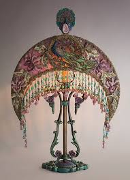 Beautiful Antique Art Nouveau Table Lamp With Flowers Has A Peacock Moon Crescent Silk Lampshade The Shade Victorian Lampshades Victorian Lamps Antique Lamps