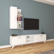 Rani A9 Duvar Rafli Kitaplikli Tv Unitesi Duvara Monte Dolapli Modern Ayakli Tv Sehpasi Beyaz M47 Modern Ic Dekorasyon Mobilya Tv Unitesi