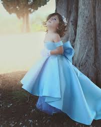 Off Shoulder High Low Satin Flower Girls Dress Kids Pageant Gowns With A Bow Flower Girl Dresses Blue Kids Gown Satin Flower Girl Dress