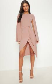 Dusty Pink Cape Style Wrap Midi Dress Guest Dresses Dresses Fall Wedding Guest Dress