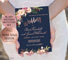 Navy Blush Rose Gold Wedding Invitation Template Set Etsy Gold Wedding Invitations Wedding Invitations Printable Templates Wedding Invitations Diy