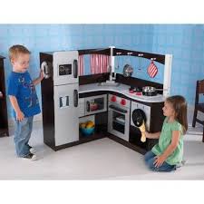 L Shaped Wood Corner Kids Play Kitchen Set In Espresso With Accessories Kidkraft Corner Kitchen Kids Play Kitchen Play Kitchen