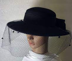 Veiled Black Wide Brim Hat Be A Lady Of Mystery In Black Fancy Veil With Grosgrain Band Bow Evening Hat Black Wide Brim Hat Wide Brim Hat Black Bow Funeral Ribbons
