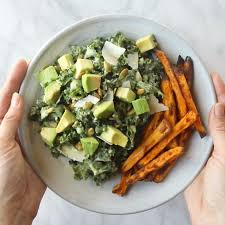Avocado Kale Caesar Salad Sweet Potato Fries Pinch Of Yum Video Recipe Video Food Recipes Healthy