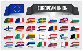 Union européenne . ue et adhésion . association de 28 pays . conception de  drapeau en papier flottant sur fond de carte de leurope. vecteur. 2617611  Art vectoriel chez Vecteezy