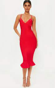 Red Bandage Strappy Frill Hem Midi Dress Prettylittlething Il