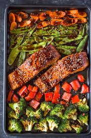 Salmon Broccoli Snow Peas Carrots And Bell Peppers Coated With Teriyaki Sauce And Oven Salmon Teriyaki Recipe Salmon And Broccoli Sheet Pan Dinners Recipes