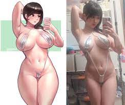 bokuman, luna amemiya, real life, commentary, english commentary, reference  photo, 1girl, arm behind head, arm up, armpits, asian, bare arms, bare  legs, bikini, black hair, breasts, breasts apart, brown eyes, comparison,  curvy,