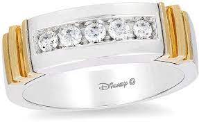 Zales Enchanted Disney Men S 1 3 Ct T W Diamond Five Stone Crown Wedding Band In 14k Two Tone Gold Diamond Wedding Bands Wedding Bands Sparkle Diamonds